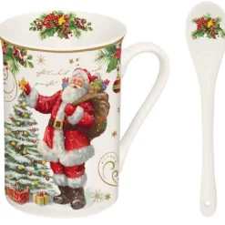 Christmas Tableware: Mug with spoon in high quality Fine China and coaster