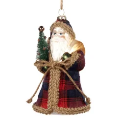 Glass Fabric Tartan Santa Ornament TR 27114