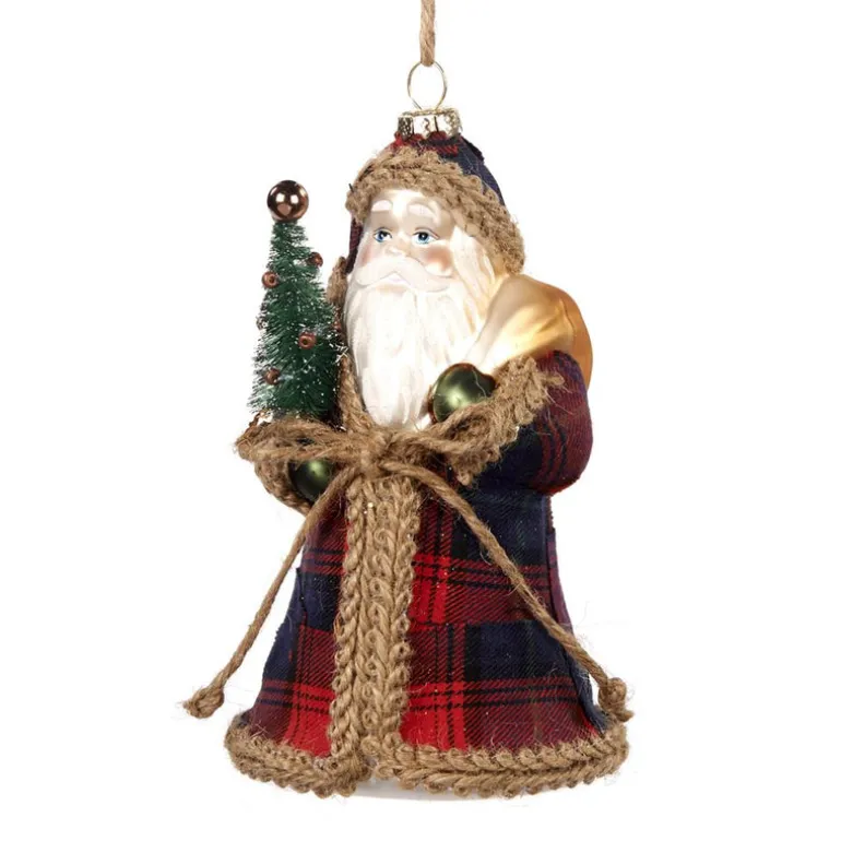 Glass Fabric Tartan Santa Ornament TR 27114