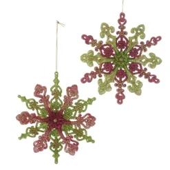 Kurt Adler NYC T2319 Red, Green and Gold Glitter Snowflake, 2 Assorted